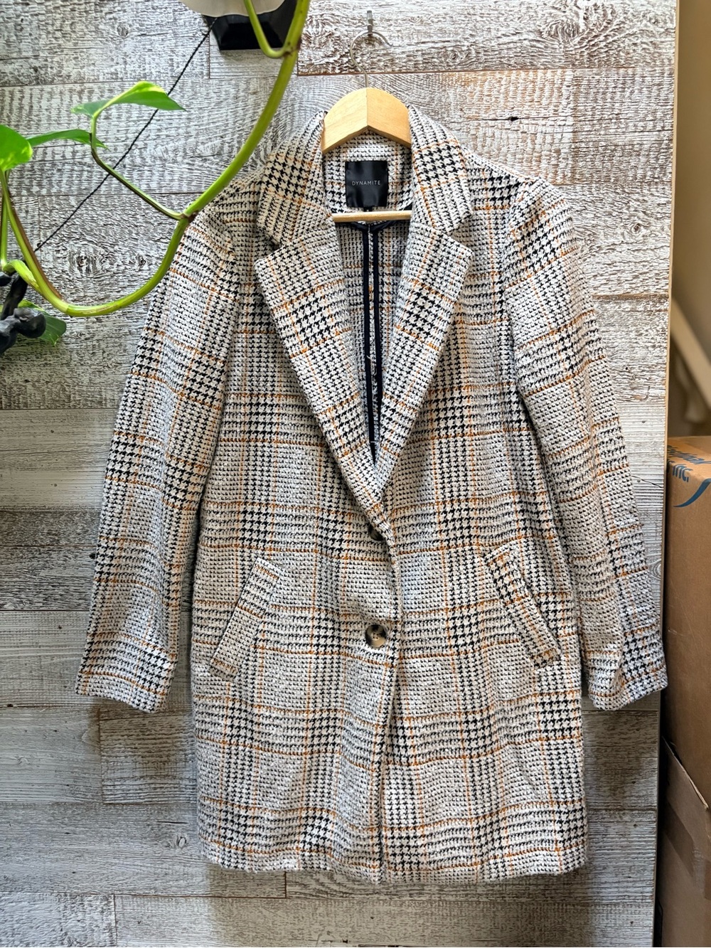 Dynamite | Long Plaid Preppy Wool-Blend Peacoat - Women's M, White/Black/Tan